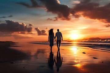 silhouette of a romantic couple walking together along the ocean coast. family relationships and friendship between a man and a woman