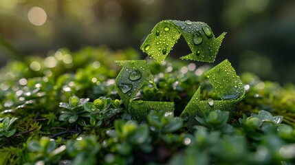recycling sign morning dew top view illustration of recycle sign with leaves in the forest made of wood and leaves, zero waste, reuse concept.
