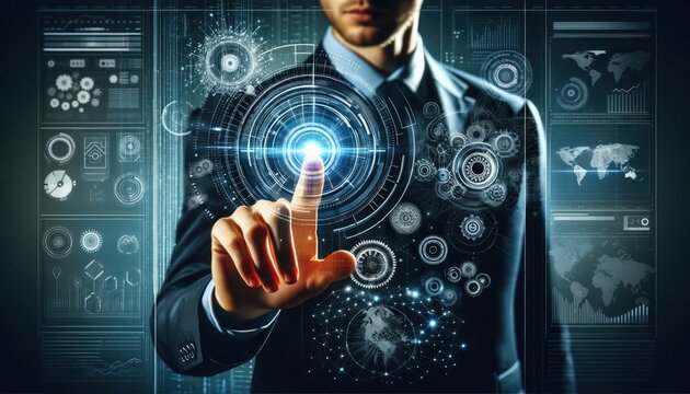 A business professional interacting with a futuristic holographic interface with global data analytics and gear mechanisms.