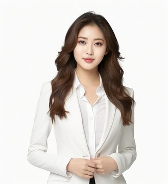 Asian women wear neat suits at white solid background