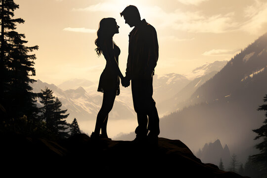 silhouette of a romantic couple in the mountains, family relationships and friendship between a man and a woman