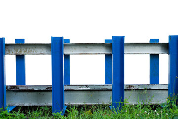 The guardrail is made of steel with grass on an insulated white background