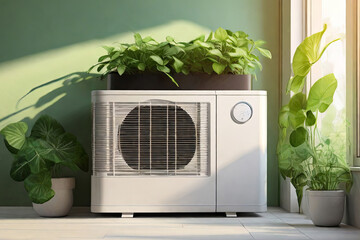 Green energy at home. Heat pump on house wall with lush plants, bathed in sunlight. Eco-friendly heating solution. 