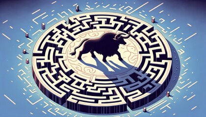 A simple maze design with a Minotaur shadow in the center, depicted in a whimsical animated art style.
