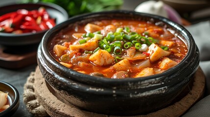 Kimchi Jjigae: A spicy Korean stew brimming with the robust flavors of fermented kimchi, tender tofu, and your choice of succulent pork or seafood. - obrazy, fototapety, plakaty