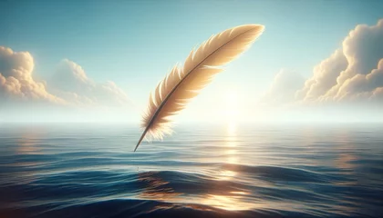 Foto op Canvas A single feather drifting towards the sea, symbolizing the story of Icarus falling, depicted in a whimsical animated art style. © FantasyLand86