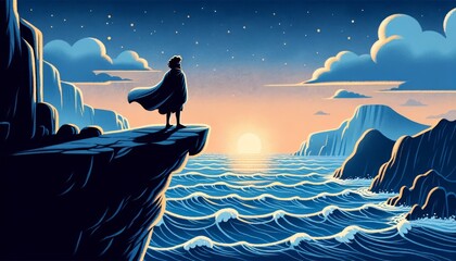 An image of Daedalus' silhouette contemplating the sea from a cliff, depicted in a whimsical...