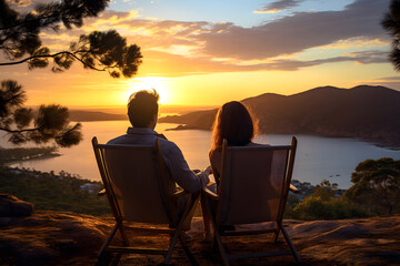 Fototapeta na wymiar silhouette of a romantic couple sitting in nature and watching the sunset
