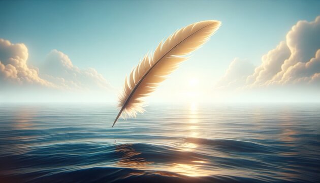 Fototapeta A single feather drifting towards the sea, symbolizing the story of Icarus falling, depicted in a whimsical animated art style.