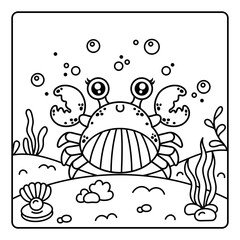 Crab coloring book. Cute crustacean animal smiles and waves its claws. A pet on the seabed among seaweed, shells, pearls. Page for fun, learning. Outline, contour drawing. Comic clipart for kids