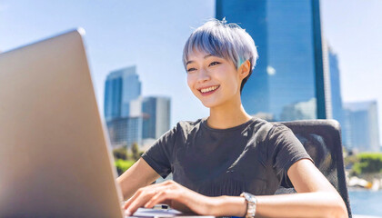 beautiful Asian woman with short pixie haircut in casual tee working at rooftop office, 16:9 widescreen image