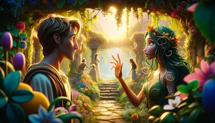 A whimsical, animated art style scene depicting Medea and Jason's first meeting at Colchis. - obrazy, fototapety, plakaty