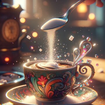 Imagine an image in a whimsical animated art style showcasing a close-up of a spoon stirring sugar into a coffee cup.