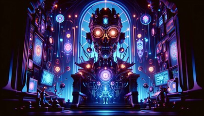 A whimsical animated art style image of a cyborg Oedipus with glowing eyes, representing his lack of insight.