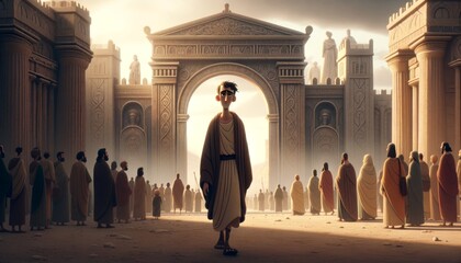 A whimsical animated art style image of Oedipus' exile from Thebes, with the city gates in the background. - obrazy, fototapety, plakaty
