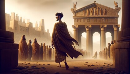 A whimsical animated art style image of Oedipus' exile from Thebes, with the city gates in the background. - obrazy, fototapety, plakaty