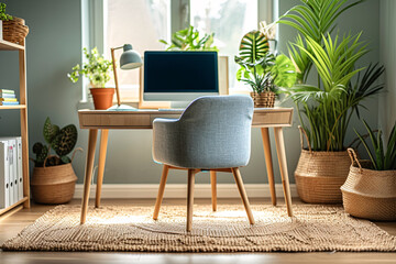Minimalist Scandinavian Interior Home Office Room, Home Workstation Table Chair, Desk and Frame Interior Home living Room, computer desk with pc the front of window with sunlight
