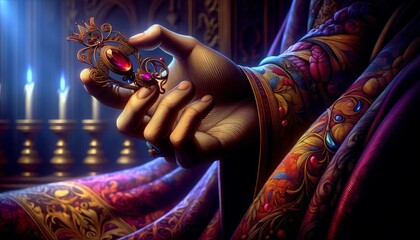 A whimsical animated art style image that captures a close-up of Oedipus' hand holding the brooch he will later use to blind himself. - obrazy, fototapety, plakaty