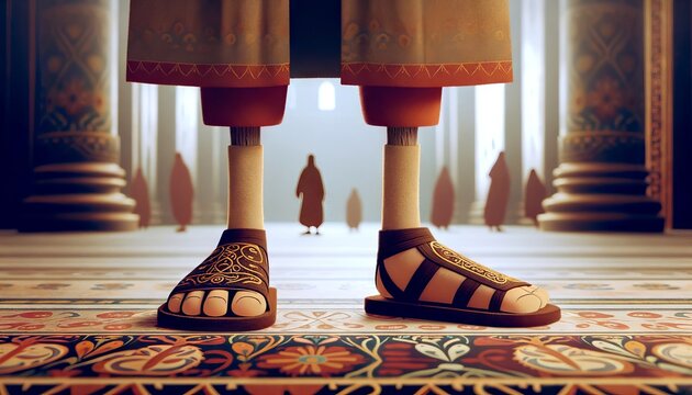 A whimsical animated art style image of a close-up of Oedipus' feet, hinting at his swollen ankles.