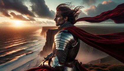 A noble knight gazing at the horizon from atop a windy cliff. - obrazy, fototapety, plakaty