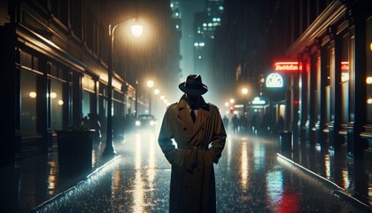 A lone detective in a trench coat under the rain on a city street. - obrazy, fototapety, plakaty