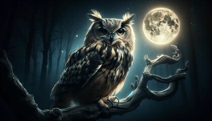 A wise owl perched on a gnarled branch with a full moon illuminating the night sky in the background. - obrazy, fototapety, plakaty