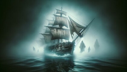 A ghostly ship sailing on a sea shrouded in fog.