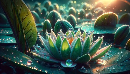 A close-up of dewdrops on the vibrant green leaves of a water lily. - obrazy, fototapety, plakaty