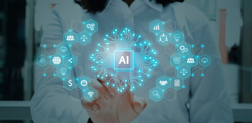 Executive in white shirt uses artificial intelligence for business management Business development system with AI.
