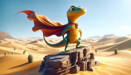 A whimsical animated lizard wearing a cape, standing on a rock as if it's a cliff. - obrazy, fototapety, plakaty