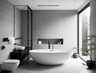 Serene Minimalistic Library - Professional close-up photo of an eco-friendly bathroom with Japanese-inspired design Gen AI