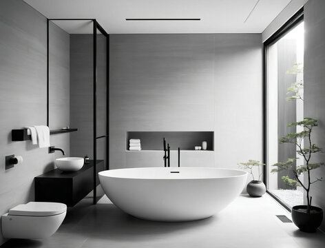 Serene Minimalistic Library - Professional close-up photo of an eco-friendly bathroom with Japanese-inspired design Gen AI