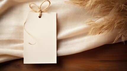 white blank tag with a rope for mockup on cream color background