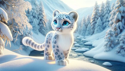 A whimsical animated bright white snow leopard with ice-blue eyes on a snowy mountain.