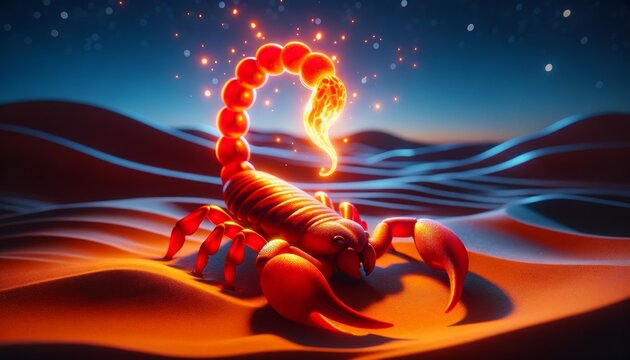 A whimsical animated bright red scorpion with a tail that glows like lava in a desert night.