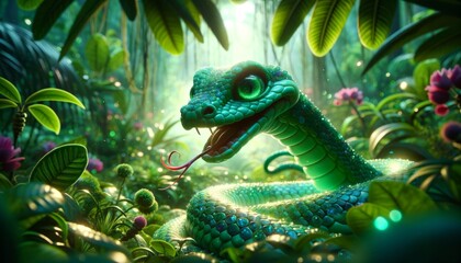 A whimsical animated jade-green snake with scales that glisten like emeralds in a dense jungle setting.