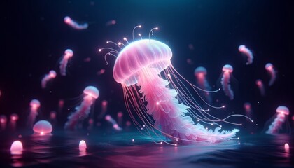 A whimsical animated luminous pink jellyfish floating gracefully in the dark depths of the ocean.