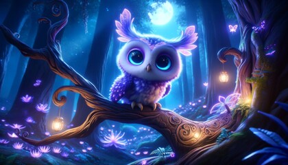 A whimsical animated owl with violet hues, its eyes illuminating a dark, enchanted forest.