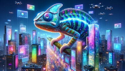 A whimsical, animated art-style image of a chameleon with holographic skin blending into a futuristic city.