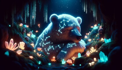 A whimsical, animated art-style image of a bear with constellation patterns in its fur hibernating in a cave of bioluminescent plants.