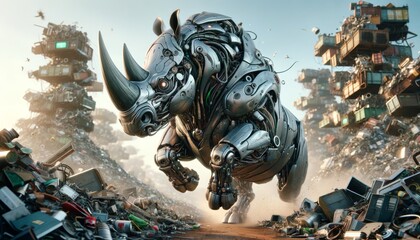 A whimsical, animated art-style image of a cybernetic rhino with a metallic body charging through a junkyard.