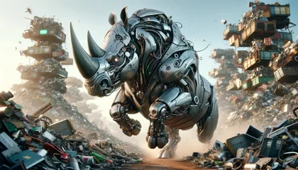 Fototapeten A whimsical, animated art-style image of a cybernetic rhino with a metallic body charging through a junkyard. © FantasyLand86