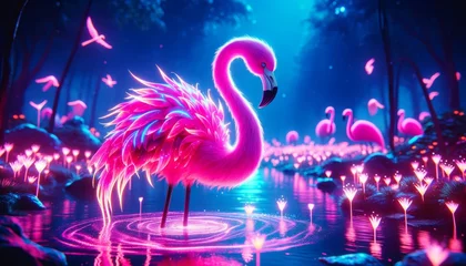 Fototapeten A whimsical, animated art-style image of a flamingo with neon pink plumage standing in a pool of glowing water. © FantasyLand86