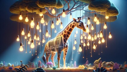 A whimsical, animated art-style image of a giraffe with barcode-patterned spots eating from a tree of hanging light bulbs.