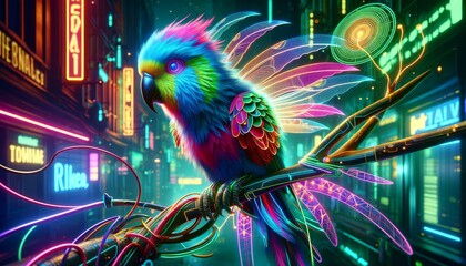 A whimsical, animated art-style image of a cyberpunk parrot with hologram feathers on a neon branch.