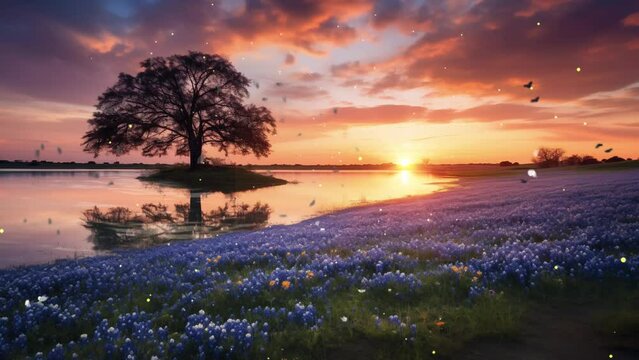 beautiful spring sunset over a lake blooming. beautiful nature background.  seamless looping overlay 4k virtual video animation background 