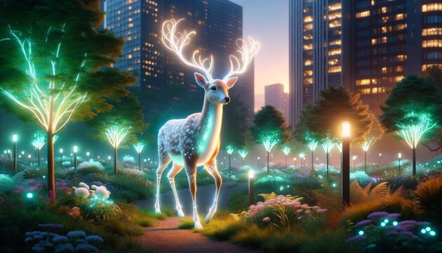 A whimsical, animated art-style image of a deer with glowing antlers wandering through a city park at dusk.