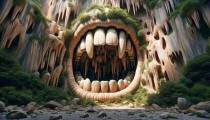 A whimsical, animated artwork of a cave entrance that looks like an open mouth, with stalactites and stalagmites as teeth. - obrazy, fototapety, plakaty