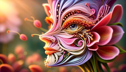 A whimsical, animated artwork of a close-up of a flower, with the petals and stamen forming the likeness of a human. - obrazy, fototapety, plakaty