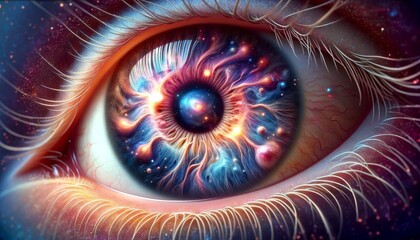 A whimsical, animated artwork of a close-up of a human eye, with the iris depicting a detailed galaxy or star system. - obrazy, fototapety, plakaty